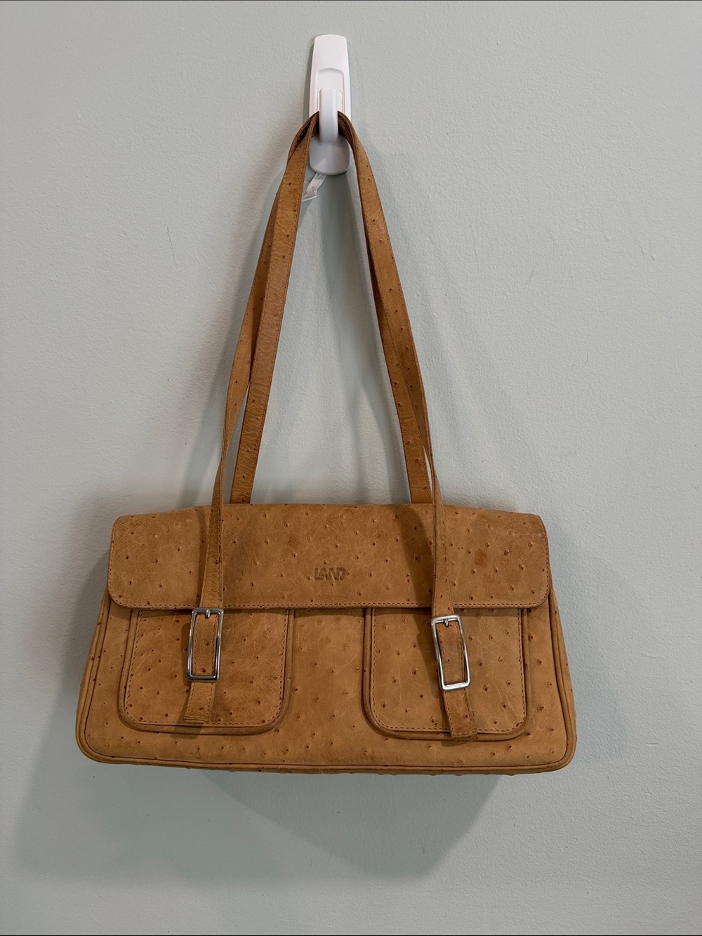 Vintage Ostrich-Texture Tan Shoulder‎ Bag with Dual Front Pockets by Land